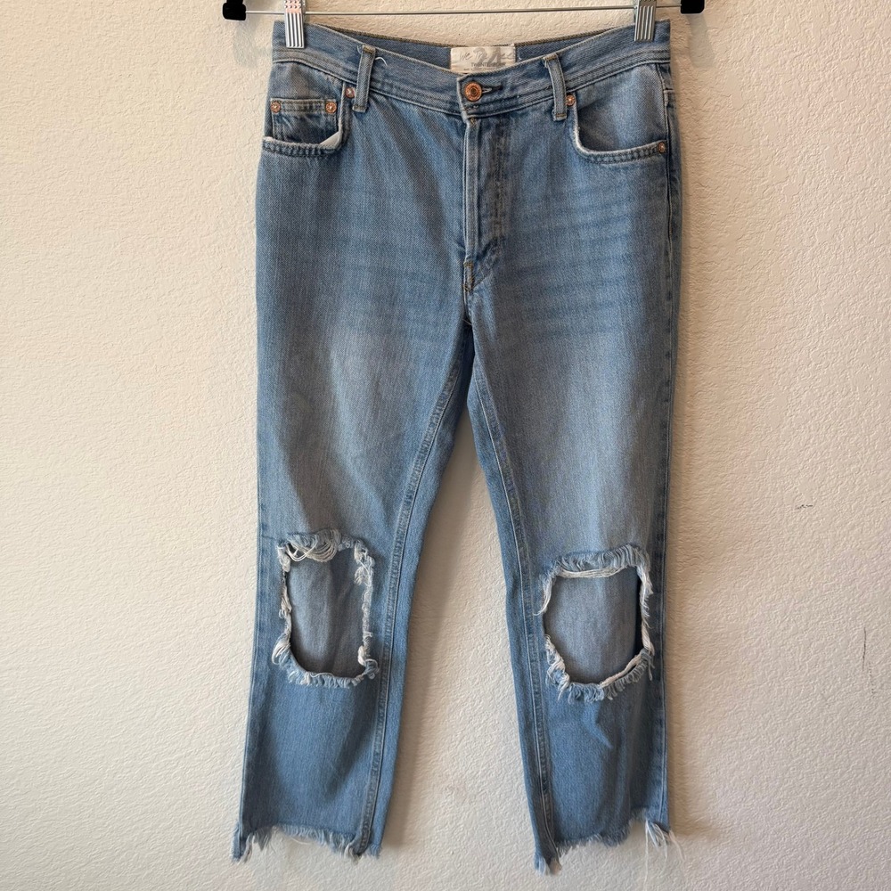 Free People We The Free Distressed Straight Leg Jeans Light Wash Blue Size 24